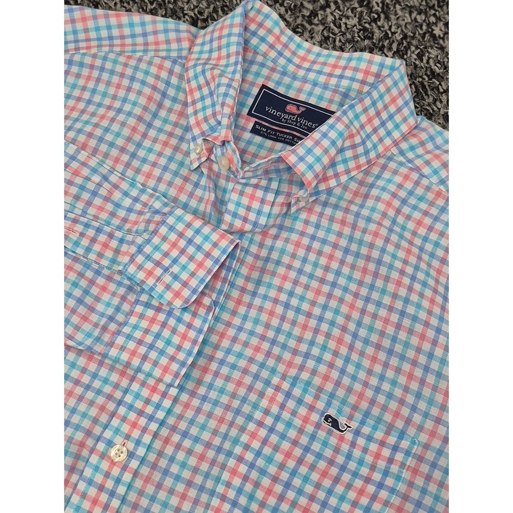 Vineyard Vines Slim Fit Tucker Shirt 2XL XXL Pink Blue Check Linen Blend Button